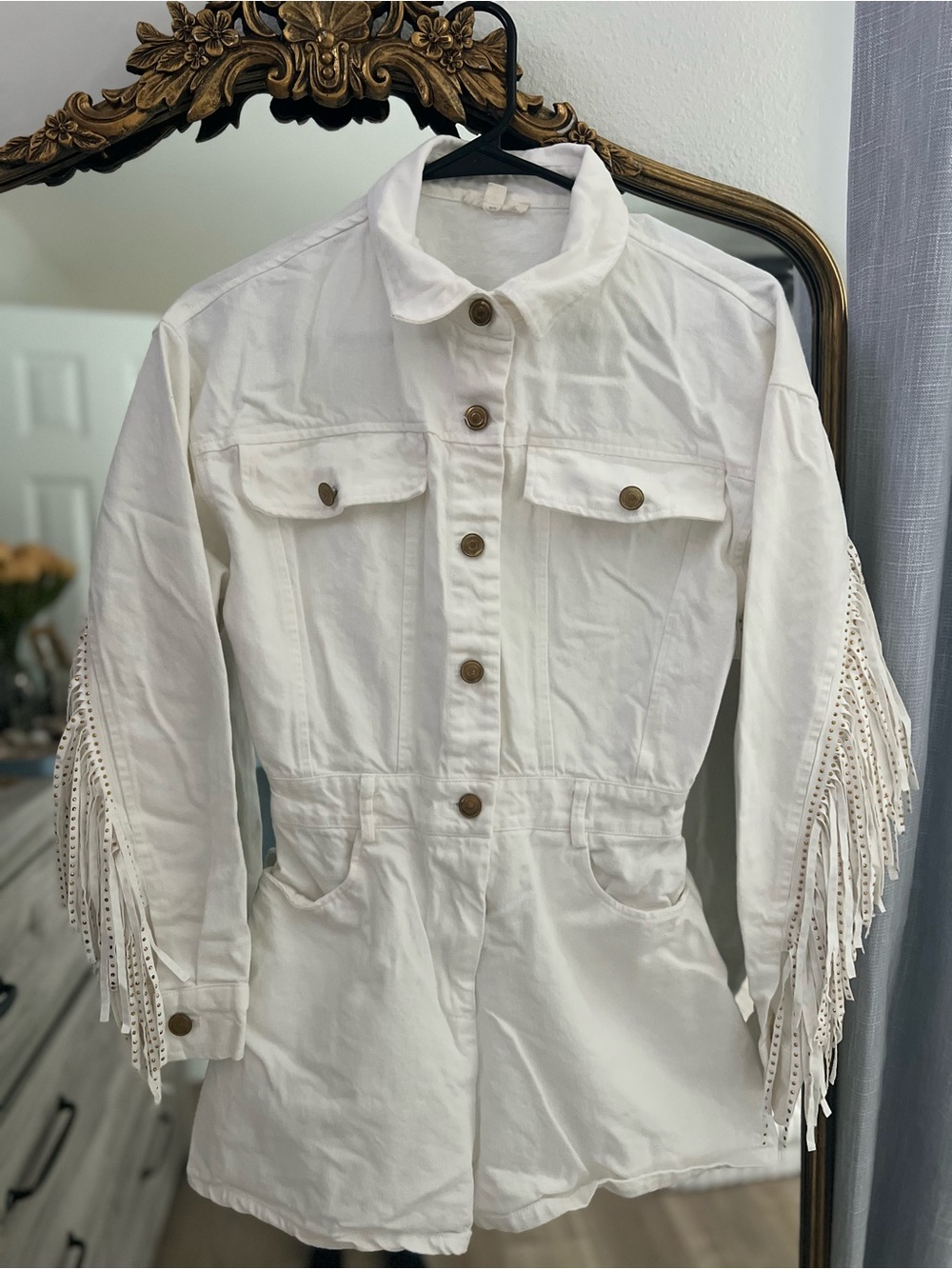 White Denim Romper with Fringe Sleeves
